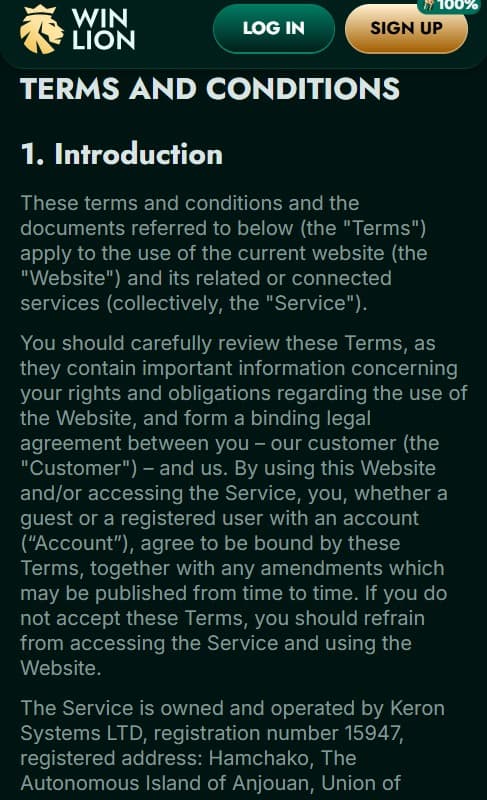 WinLion terms and conditions